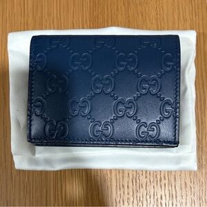 Gucci Navy Embossed GG Leather Card Holder
